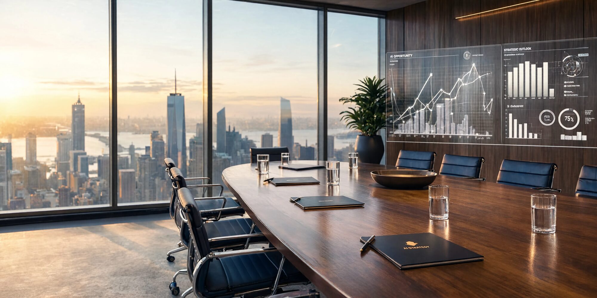 Boardroom met uitzicht over de stad en AI-dashboards aan de muur